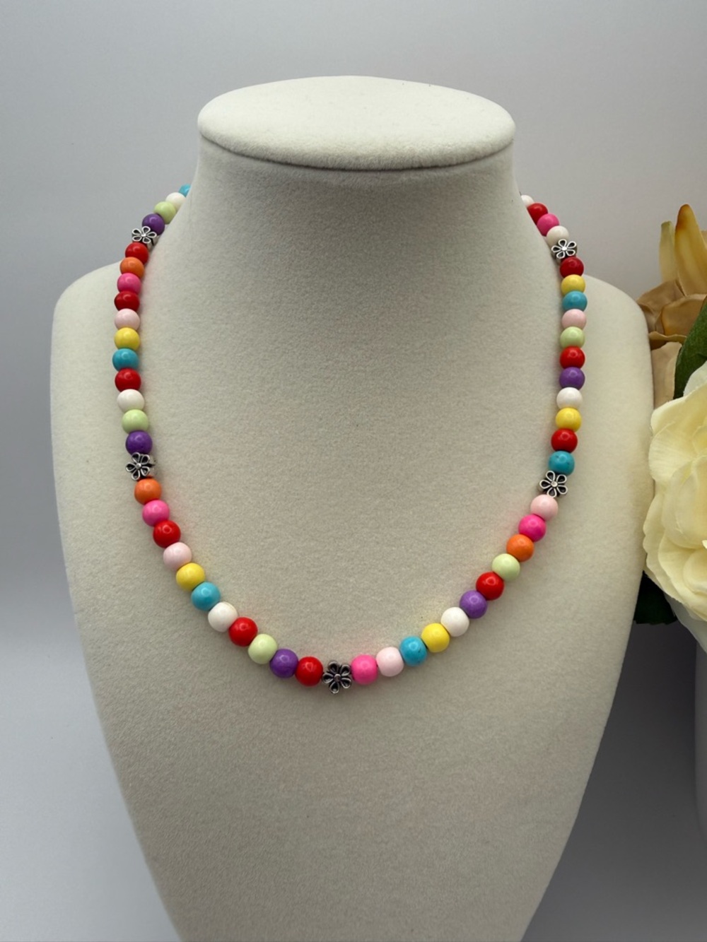 New Artisan Multicolor Beaded Necklace with Silver Flower Accents 16"